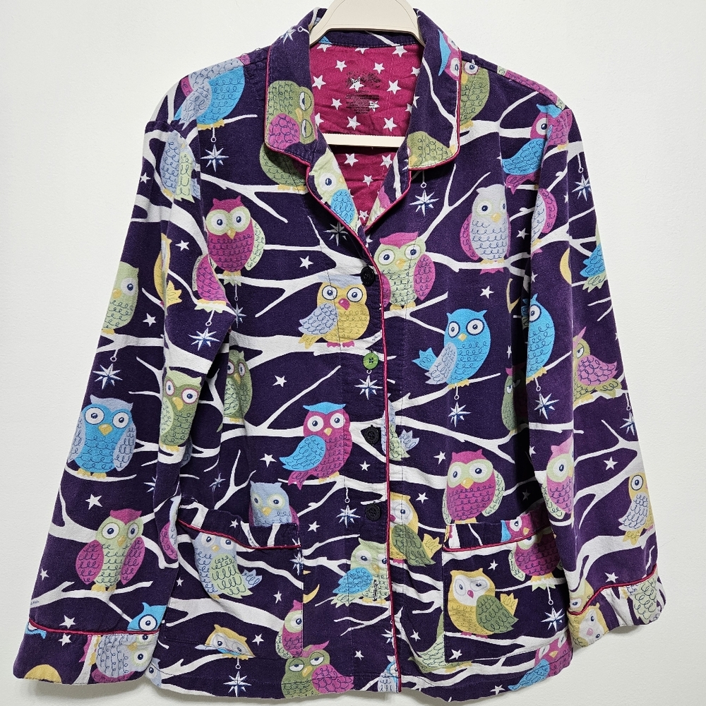 Nick & Nora Pajama Top Womens Flannel Owl Print‎ 100% Cotton Button Up Purple L